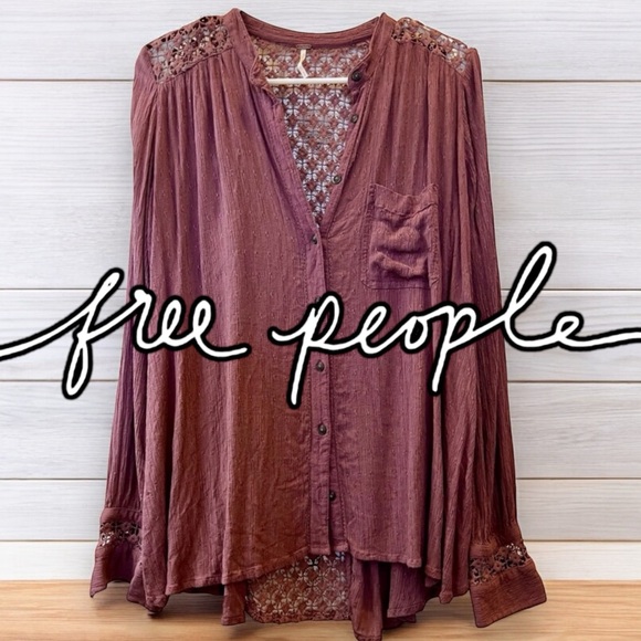Free People Top Crochet back and shoulders Mauve color blouse Size Small buttons - Picture 1 of 16
